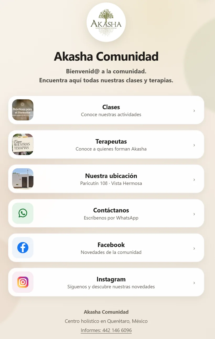 Captura de la página de enlaces de Akasha Comunidad, con accesos a clases, terapeutas, ubicación, contacto y redes sociales